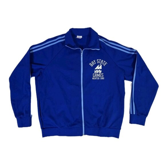 Vintage BAY STATE GAMES Winter 1986 Blue Full Zip Track Jacket Adult Size S 80s - Picture 2 of 9